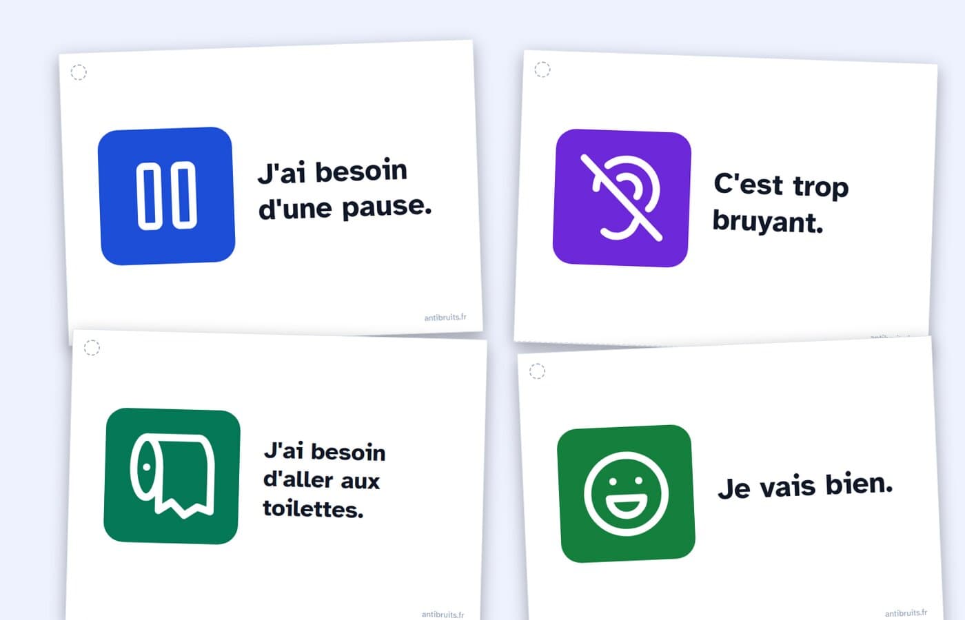 Cartes de communication du kit sensoriel : J'ai besoin d'une pause, C'est trop bruyant, toilettes, Je vais bien