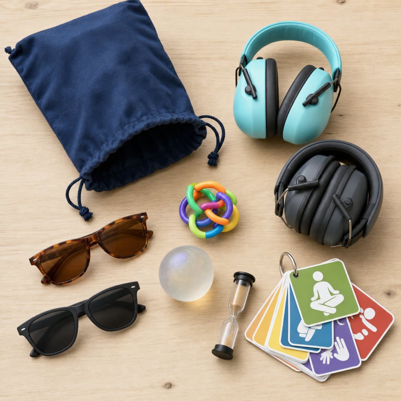 Contenu d'un kit sensoriel : sac, casques anti-bruit enfant et adulte, lunettes teintées, fidgets, sablier et cartes de communication