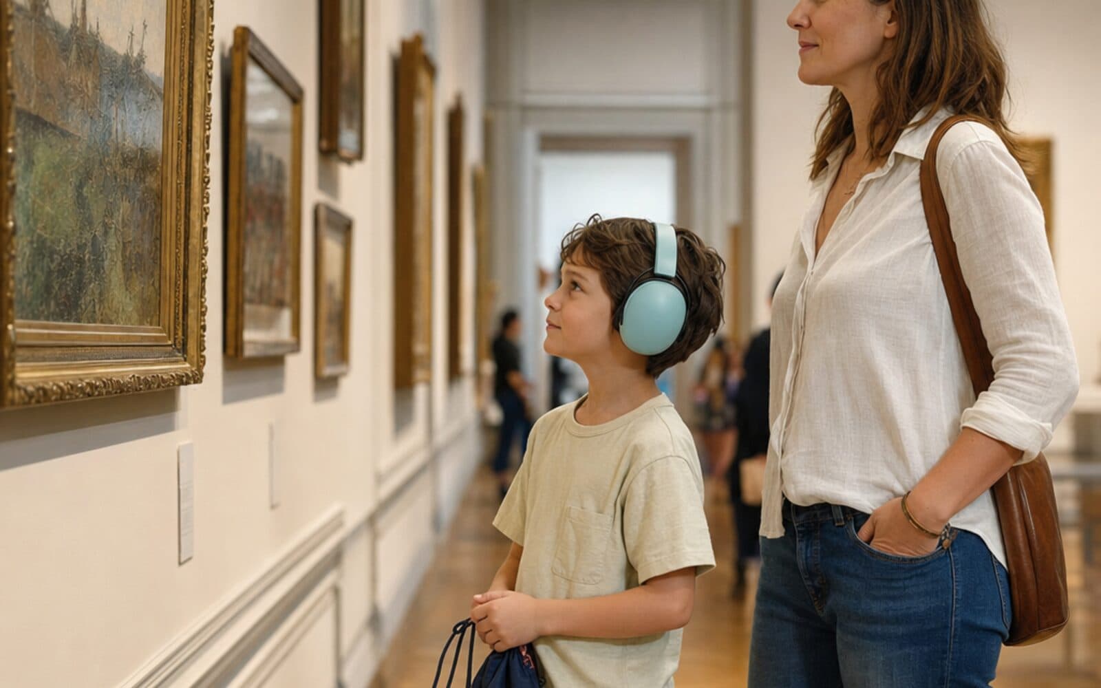 Enfant portant un casque anti-bruit pendant une visite de musée, un sac sensoriel à la main